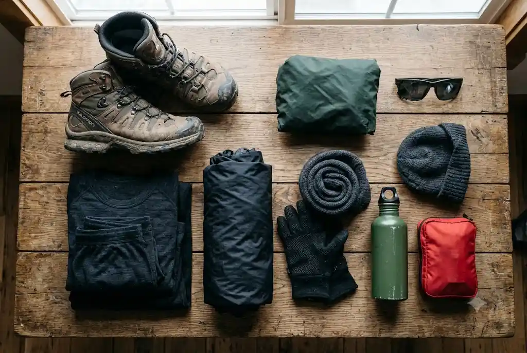 Packing essentials for trekking in Manali including thermals, trekking shoes and rain cover