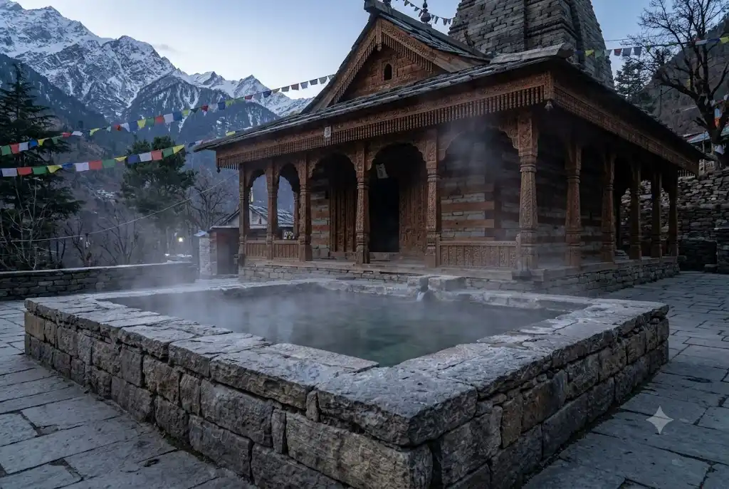 Vashisht hot springs Manali steaming bath area beside the village temple

