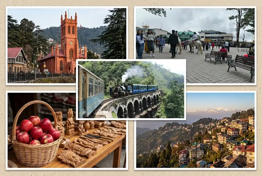 What Shimla is famous for: colonial church, Mall Road, toy train, apples and wooden crafts