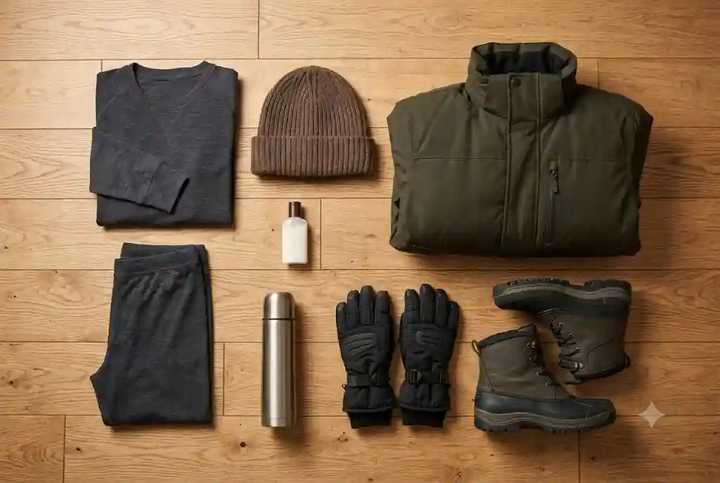 Winter packing essentials for Manali snowfall including thermals, gloves and boots
