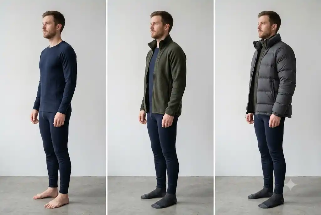 Three-layer clothing guide showing what to wear in Manali in winter