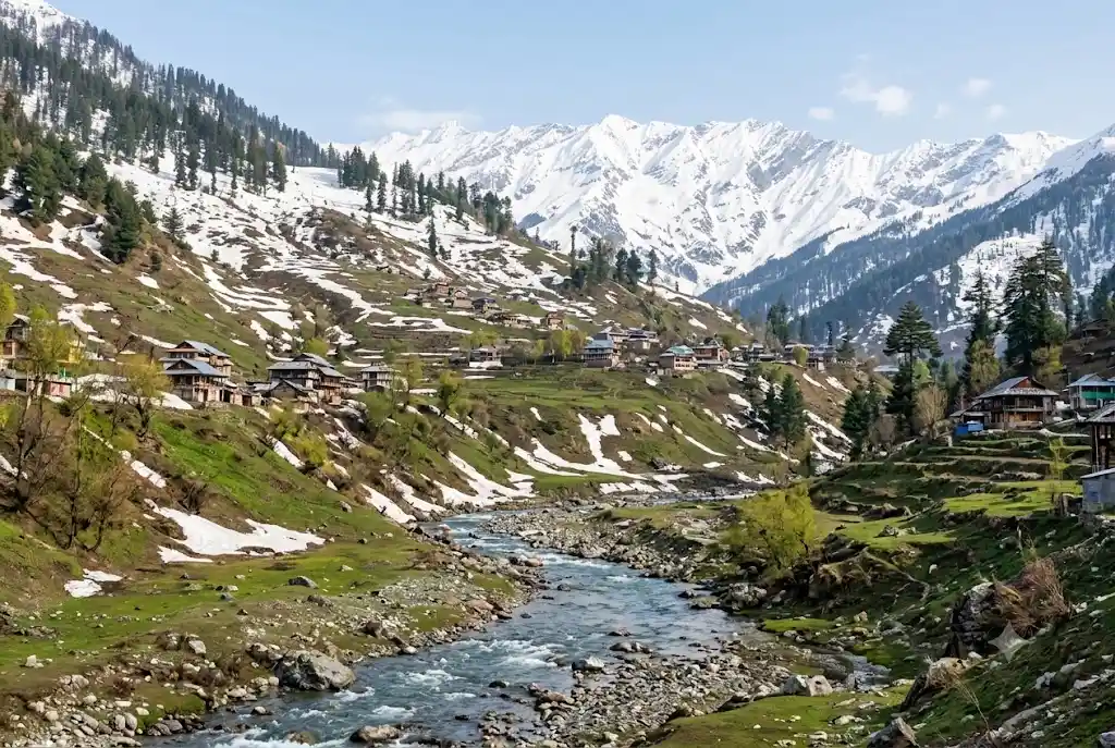 Melting snow in the Manali valley in March as snowfall ends