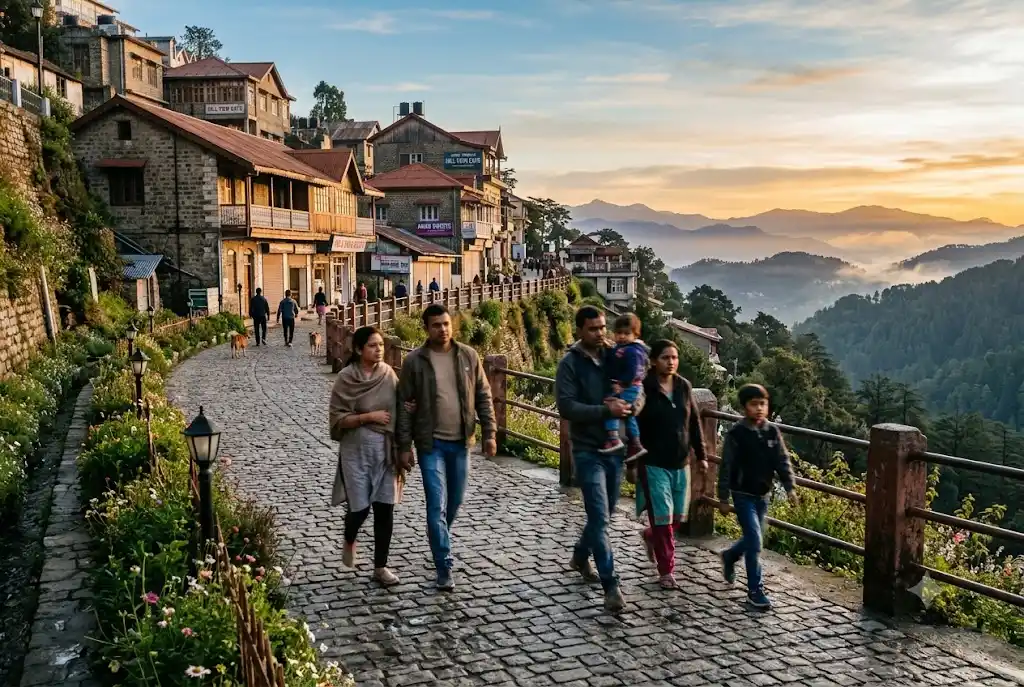 Tourists walking on the car-free Ridge and Mall Road area in Shimla in the early morning