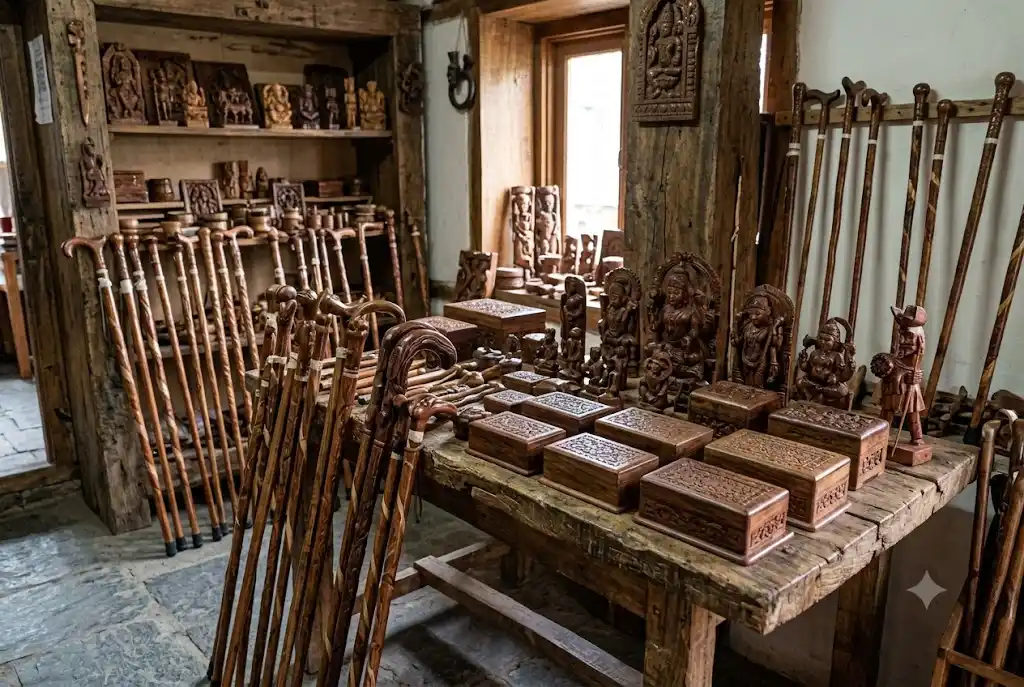 Carved wooden handicrafts – famous shopping items in Manali